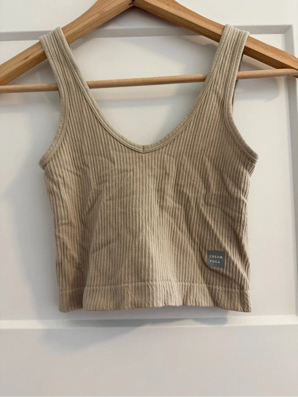 Cream Yoga Ribbed V-Neck Crop Tank - Cream